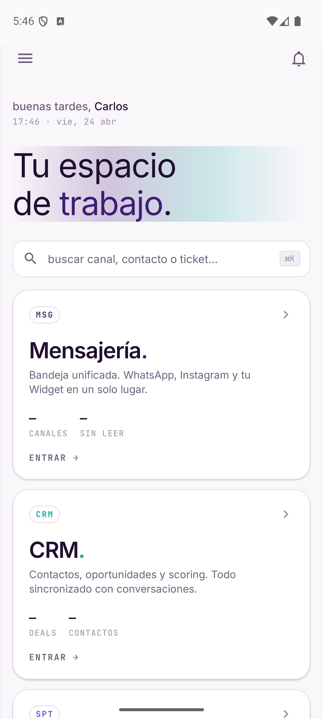La app móvil de Guazú: el hub con los módulos y las métricas de la organización, en el celular.
