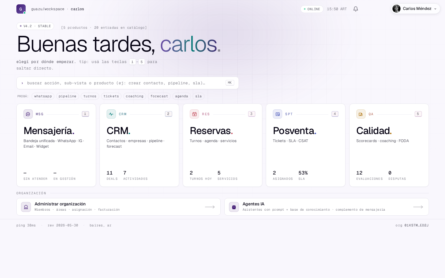 Vista del workspace de Guazú con los cinco productos y sus métricas en vivo.